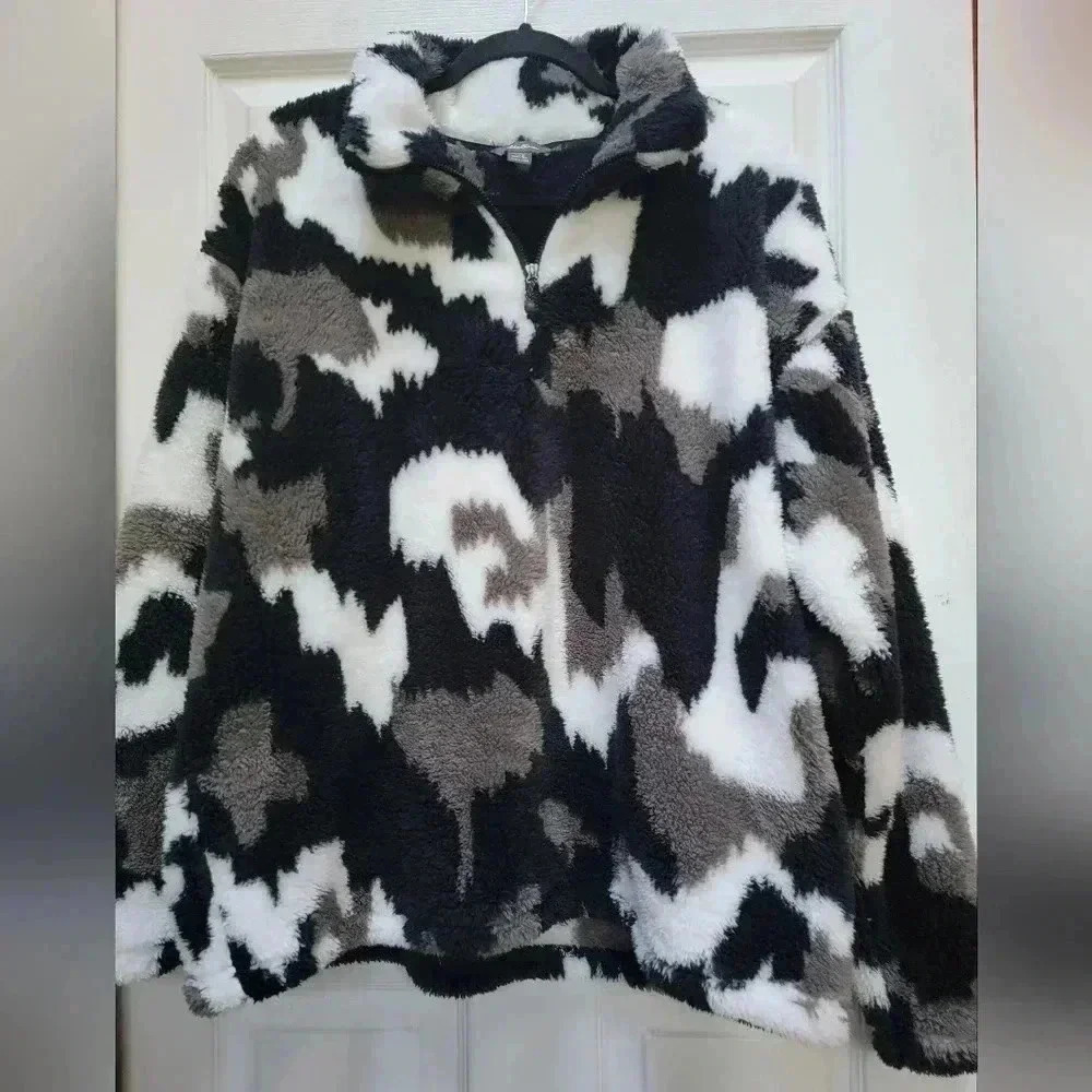 Eddie Bauer Women's Plush 1/4 Zip Pullover Black Camo Size XL